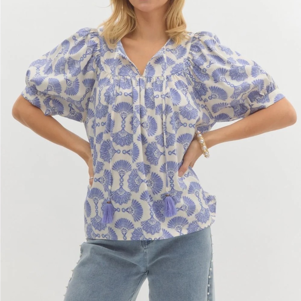 entro NWT The Charmer Blue Floral Blouse Peasant Tunic Size Large - Picture 10 of 13